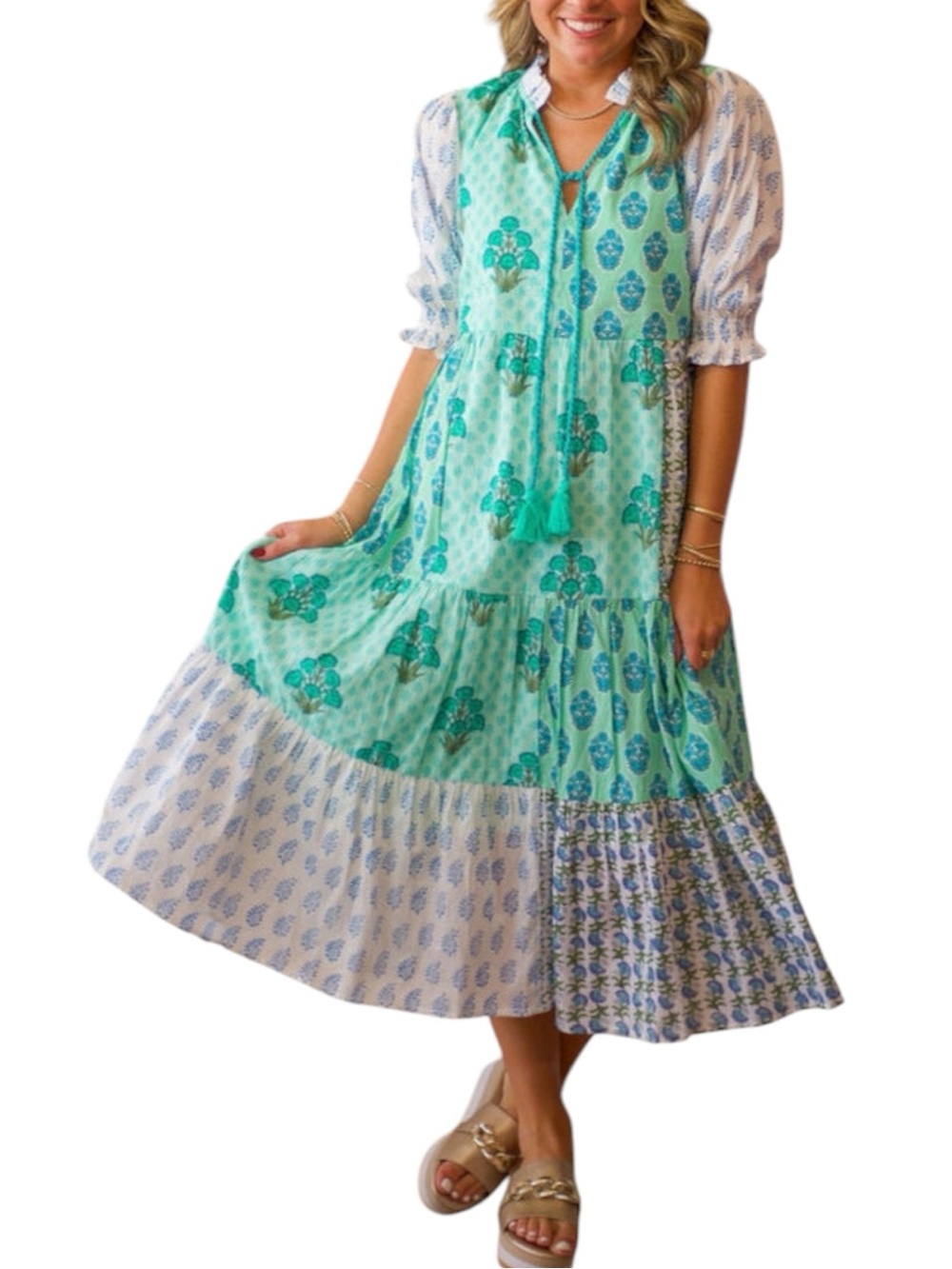 THML Block Print Mixed Pattern Tiered Maxi Dress Size XS 100% Cotton